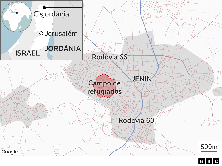 Mapa mostra localiza&ccedil;&atilde;o da Cisjord&acirc;nia e do campo de refugiados de Jenin
