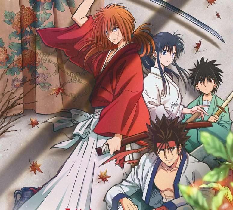 Kenshin e seus principais amigos: Kaoru, Yahiko e Sanosuke.