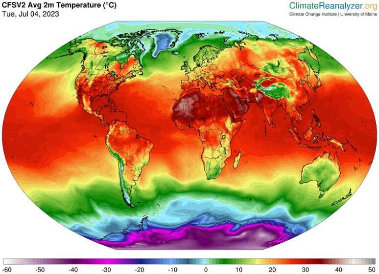 Mapa da anomalia da temperatura global - 4-7-23