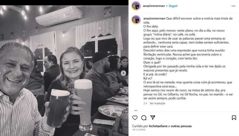 O post da repórter Ana Zimmerman a respeito da perda do marido, o jornalista Gil Rocha