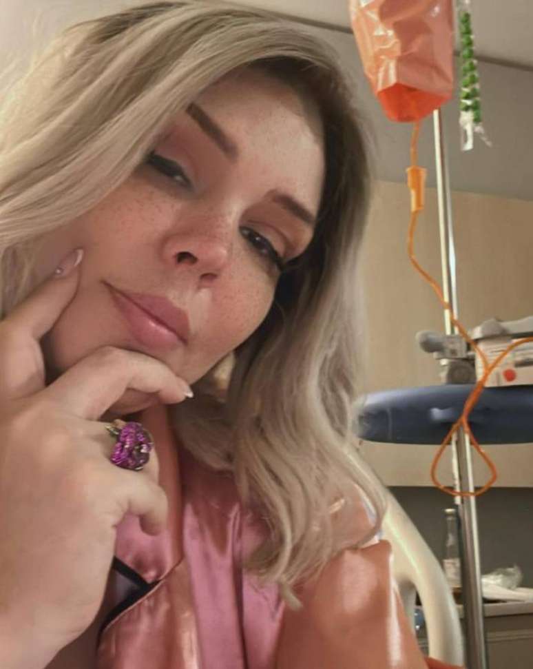 Simony in a photo taken during treatment for bowel cancer on June 14, 2023. Simony in a photo taken during treatment for bowel cancer on June 14, 2023.