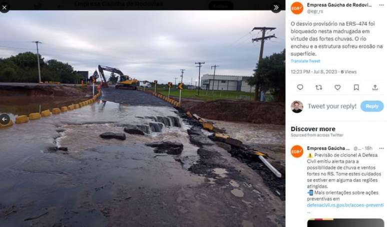 Empresa Gaúcha de Rodovias avisa de bloqueio na ERS-474 por conta das chuvas na madrugada