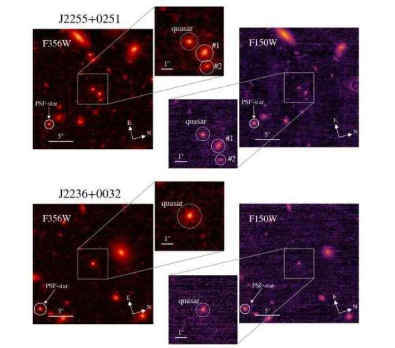 Quasars J2236+0032 and J2255+0251, with masses of 1.4 billion solar masses and 200 million solar masses, respectively (Image: Reproduction / Ding, X. et al. (2022))