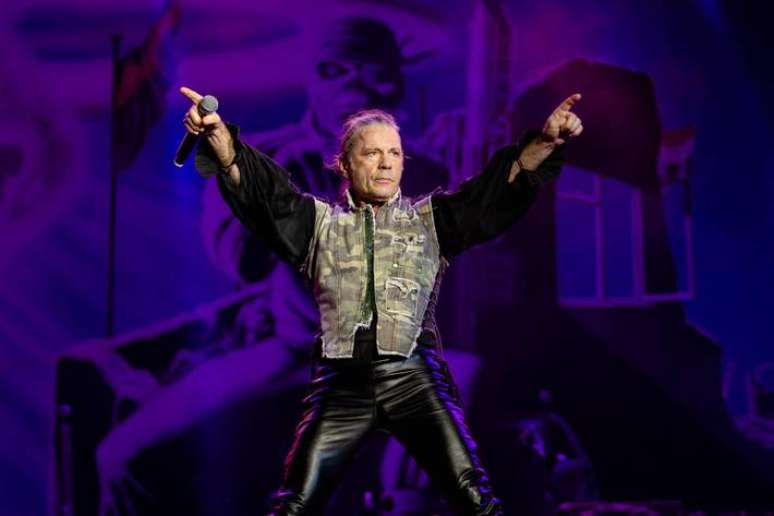 Bruce Dickinson, vocalista da banda Iron Maiden, durante apresentação no Palco Mundo do Rock in Rio, em 2019.