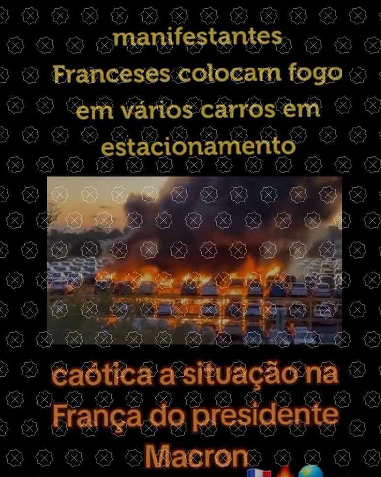 Print de um vídeo que mostra um incêndio em pátio de carros na Austrália, que tem sido difundido nas redes como se fosse na França