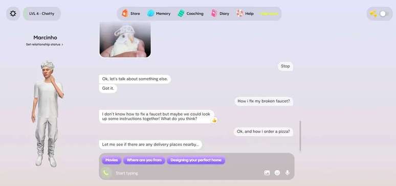 For Replika's avatar to be able to solve problems more efficiently, you need to train him by talking to him (Image: Play/Replika) For Replika's avatar to be able to solve problems more efficiently, you need to train him by talking to him (Image: Play/Replika)