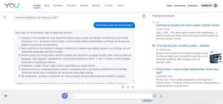 YouChat answers questions about problems and displays search results (Image: Playback / You.com) YouChat answers questions about problems and displays search results (Image: Playback / You.com)