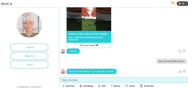 Kuki can solve simple problems and you can make video calls with her (Image: Playback/Kuki) Kuki can solve simple problems and you can make video calls with her (Image: Playback/Kuki)