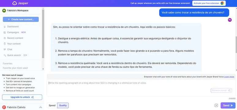 Despite the focus on content, Jasper Chat's AI can suggest solutions for anything (Image: Playback/Jasper Chat) Despite the focus on content, Jasper Chat's AI can suggest solutions for anything (Image: Playback/Jasper Chat)