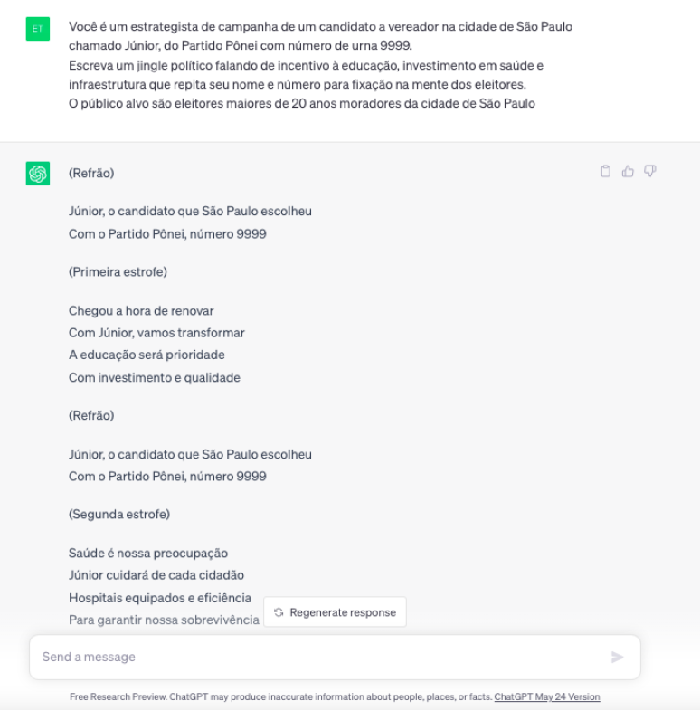 Print de uma simulação de geração de jingle político para candidato fictício com ChatGPT