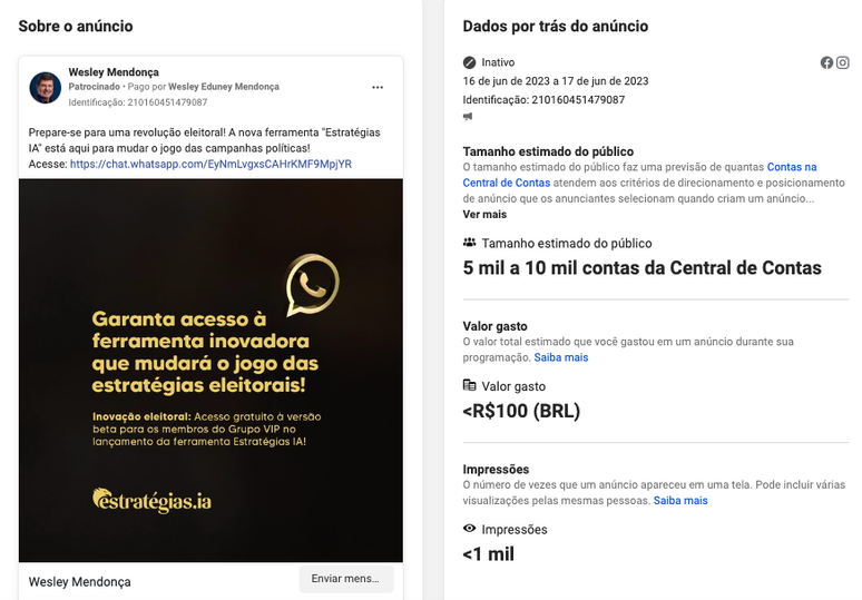 Anúncio de Wesley Mendonça no Facebook sobre sua ferramenta de IA para campanhas políticas