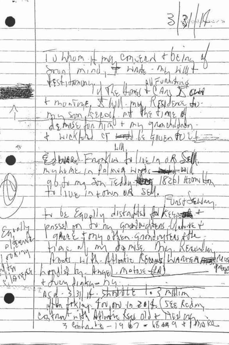 O documento de 2014 manuscrito por Aretha Franklin afirma: 'Em sã consciência, escrevo meu testamento'