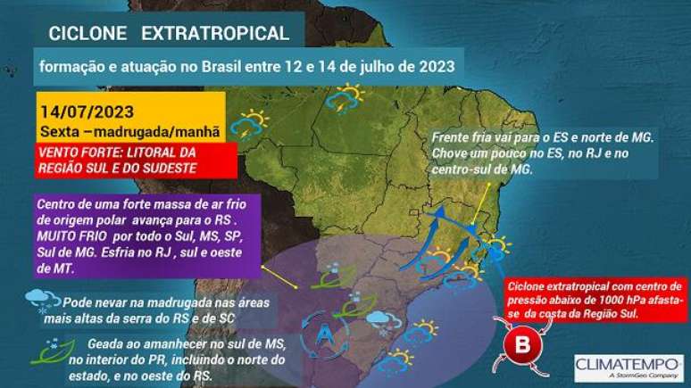 Atuação do ciclone extratropical e do ar frio polar em 14/7/2023 (Arte: Climatempo)