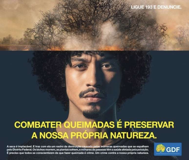 Imagem de um homem negro de black power relaciona o volume do cabelo com árvores queimadas e foi publicada em jornais impressos