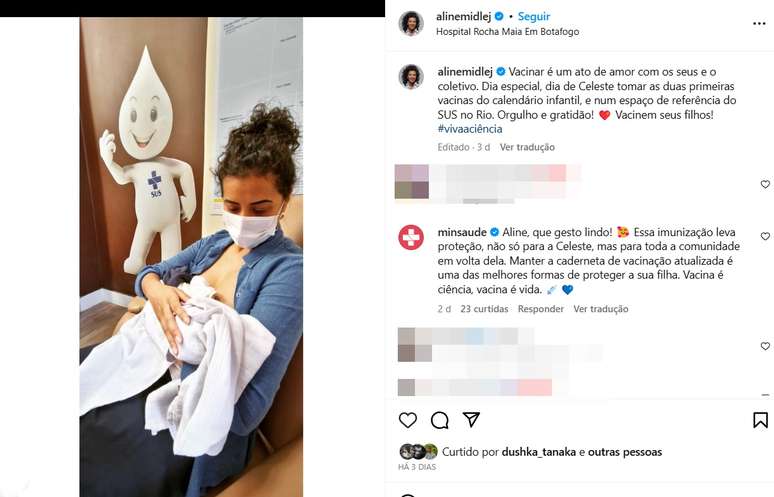 Post de Aline Midlej incentivando a vacinação de recém-nascidos foi elogiado pelo perfil do Ministério da Saúde no Instagram