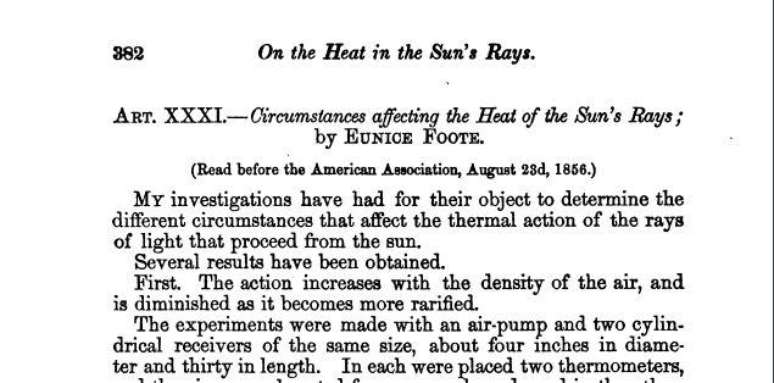 Início do artigo de Eunice Foote publicado em novembro de 1856 no American Journal of Science and Arts