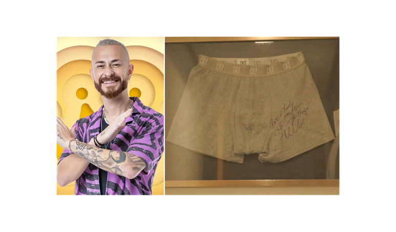 Ex-"BBB" Fred abre as portas duplex de luxo em SP e revela cueca autografada por Cristiano Ronaldo.