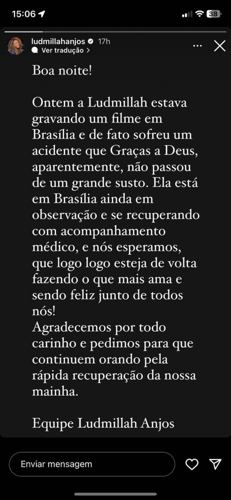 Equipe de Ludmillah Anjos detalha estado de saúde da atriz no Instagram