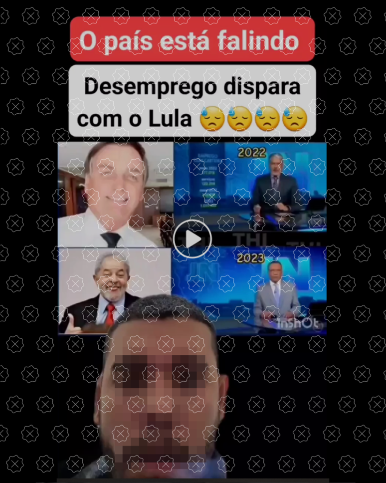 Print de vídeo em que homem mostra número de empregos criados até maio de 2022 e maio de 2023 e afirma que isso mostra que desemprego disparou