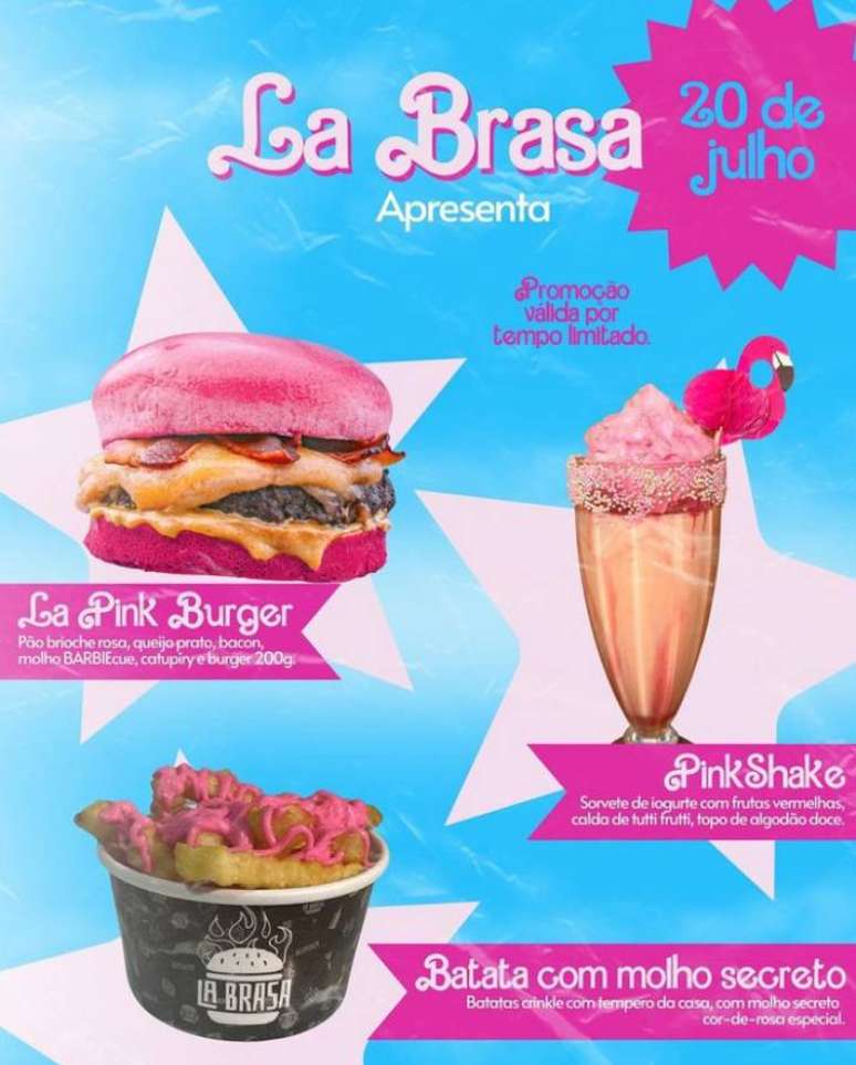 A lanchonete La Brasa Burger apresenta um combo com a temática da Barbie, composto por batata, hamburguer e milk shake.