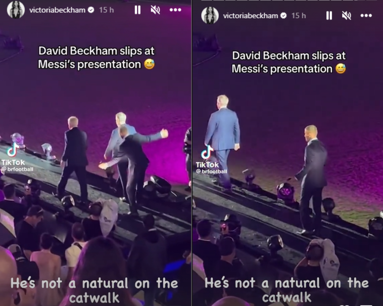  O ex- jogador de futebol inglês David Beckham escorrega em público e é zoado pela esposa. 