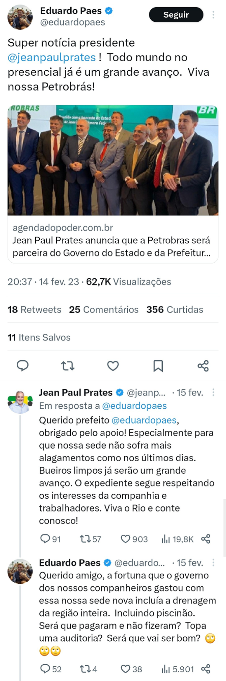 Troca de tu&iacute;tes entre o presidente da Petrobras, Jean Paul Prates, e o prefeito do Rio, Eduardo Paes, em fevereiro deste ano