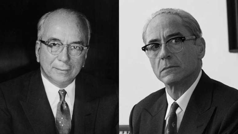 Lewis Strauss (esquerda) e Robert Downey Jr. em Oppenheimer (direita).