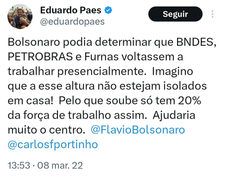 Tu&iacute;te de Eduardo Paes pedindo volta ao trabalho presencial ainda durante o governo Bolsonaro: 'Ajudaria muito o centro'