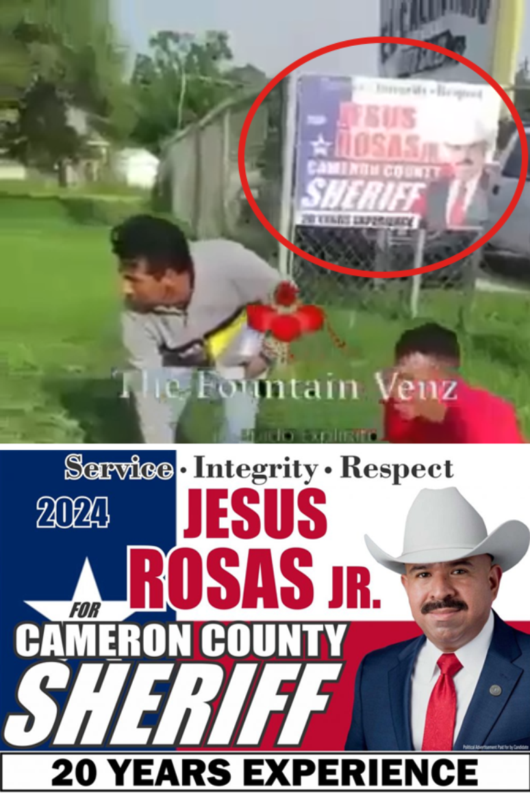 The comparison is made up of two images: top, a print from the video showing a poster from Jesus Rosas Jr.'s campaign for sheriff in Cameron County, Texas in the background; Below, the official poster of the campaign The comparison is made up of two images: top, a print from the video showing a poster from Jesus Rosas Jr.'s campaign for sheriff in Cameron County, Texas in the background; Below, the official poster of the campaign