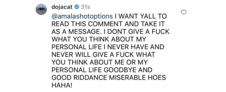 Doja Cat responde críticas no Instagram