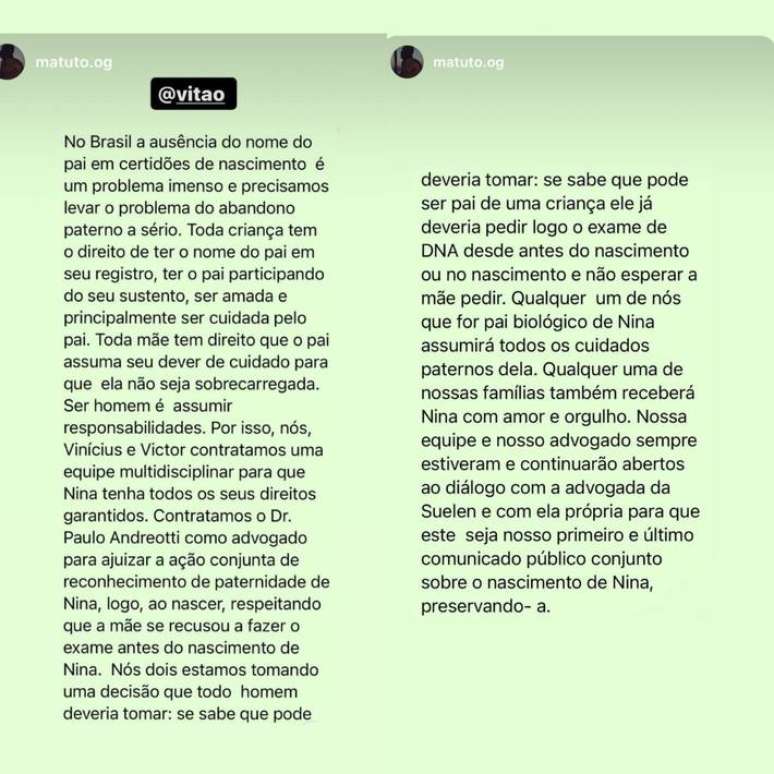 Vitão e Matuto divulgam pronunciamento sobre a paternidade de Nina nas redes sociais: 'Toda criança tem o direito de ter o nome do pai em seu registro'