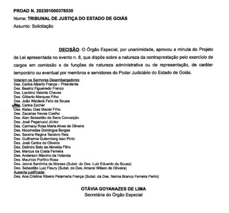 Ata de reunião em que foi aprovada a minuta de decreto que resultou em super salários no Tribunal goiano