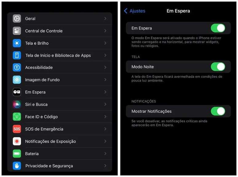 Adjust StandyBy mode options ((Image: Screenshot/Thiago Furquim/Canaltech)) Adjust StandyBy mode options ((Image: Screenshot/Thiago Furquim/Canaltech))