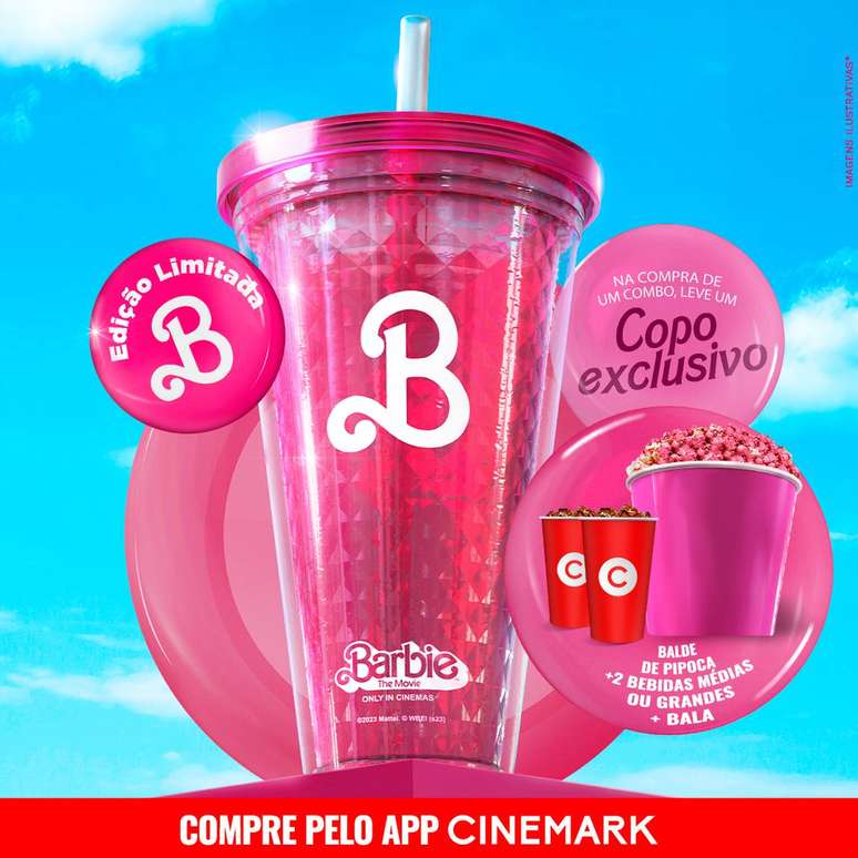 O combo pode ser adquirido no APPCinemark pra comprar o seu na pré-venda, junto com o ingresso, e já garantir seu copo exclusivo e pipoca rosa