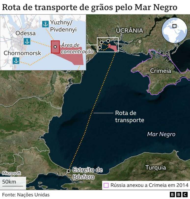 Mapa da rota de gr&atilde;os no Mar Negro