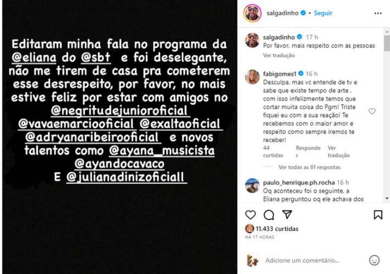 Cantor Salgadinho critica edição de programa de Eliana e discute com ...