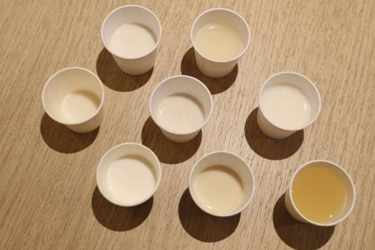 A diferença entre as cores dos leites vegetais de amêndoas testados por Paladar