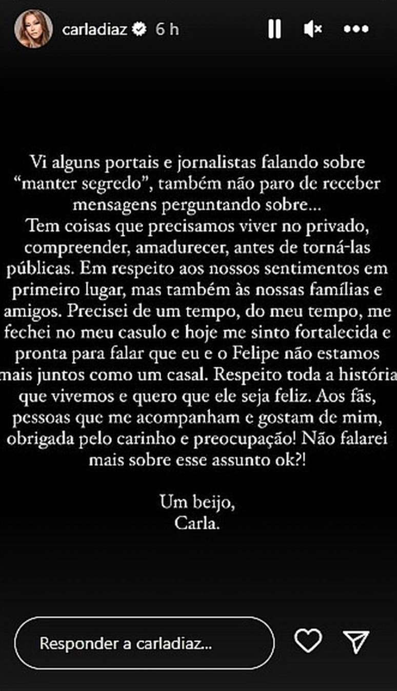 Carla Diaz revela que n&atilde;o est&aacute; mais noiva de Felipe Becari