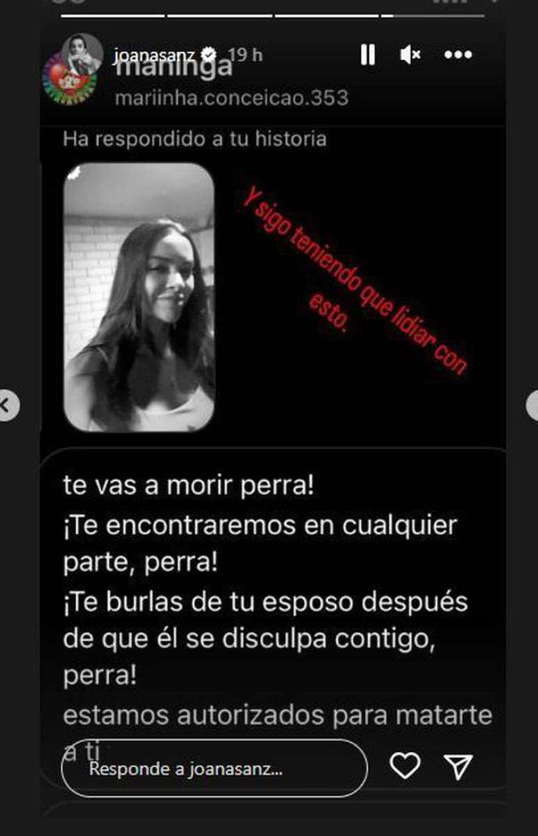 Joana Sanz compartilhou mensagens com ameaças recebidas por ela.