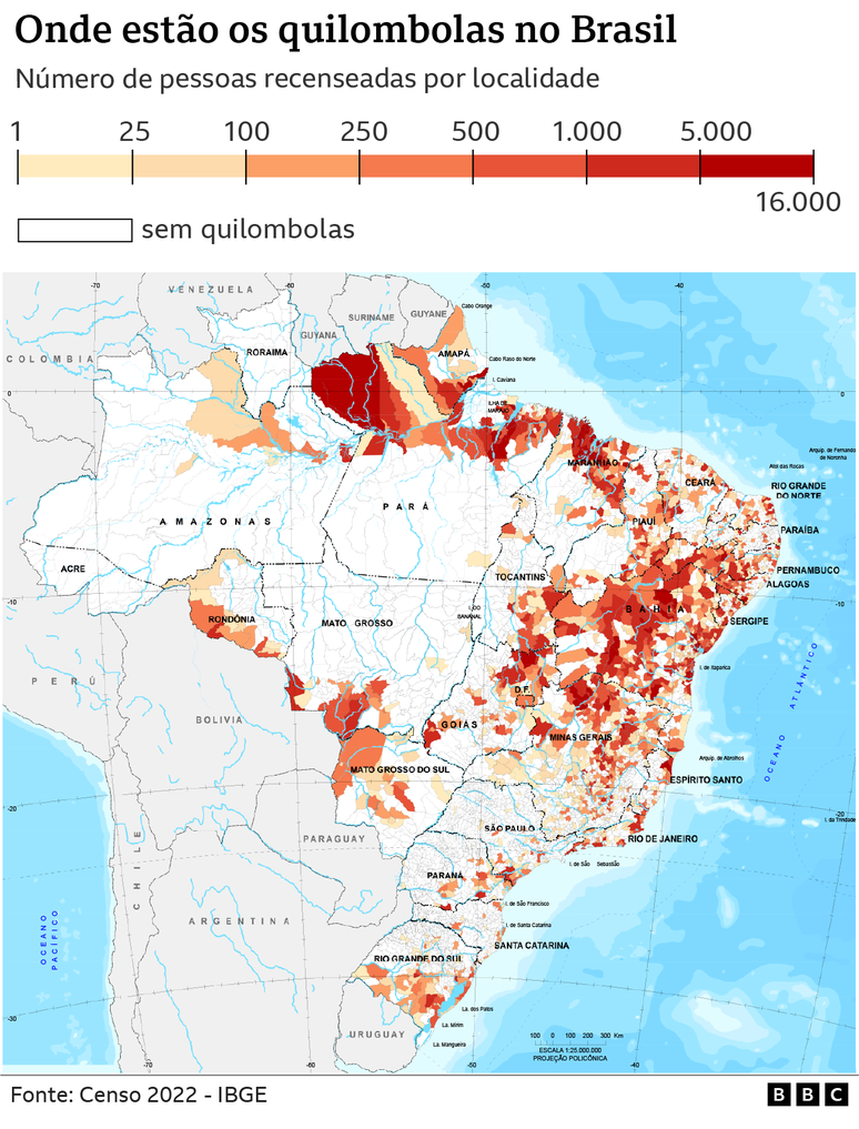 mapa mostra onde estão os quilombolas no Brasil