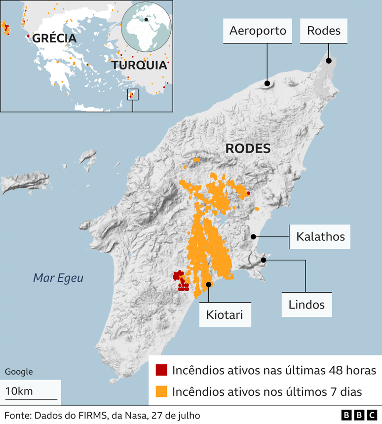 Mapa mostra evolução dos focos de incêndio em Rodes