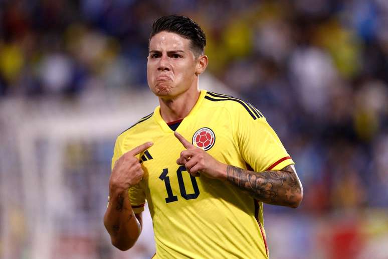 James Rodríguez comemorando gol na seleção colombiana 