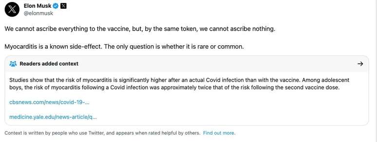 Serviço de verificação adicionou contexto a postagem de Musk