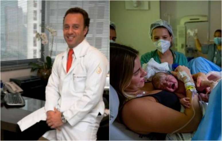 &Agrave; direita, o m&eacute;dico Renato Kalil; &agrave; esquerda, a influenciadora Shantal, durante o parto da segunda filha