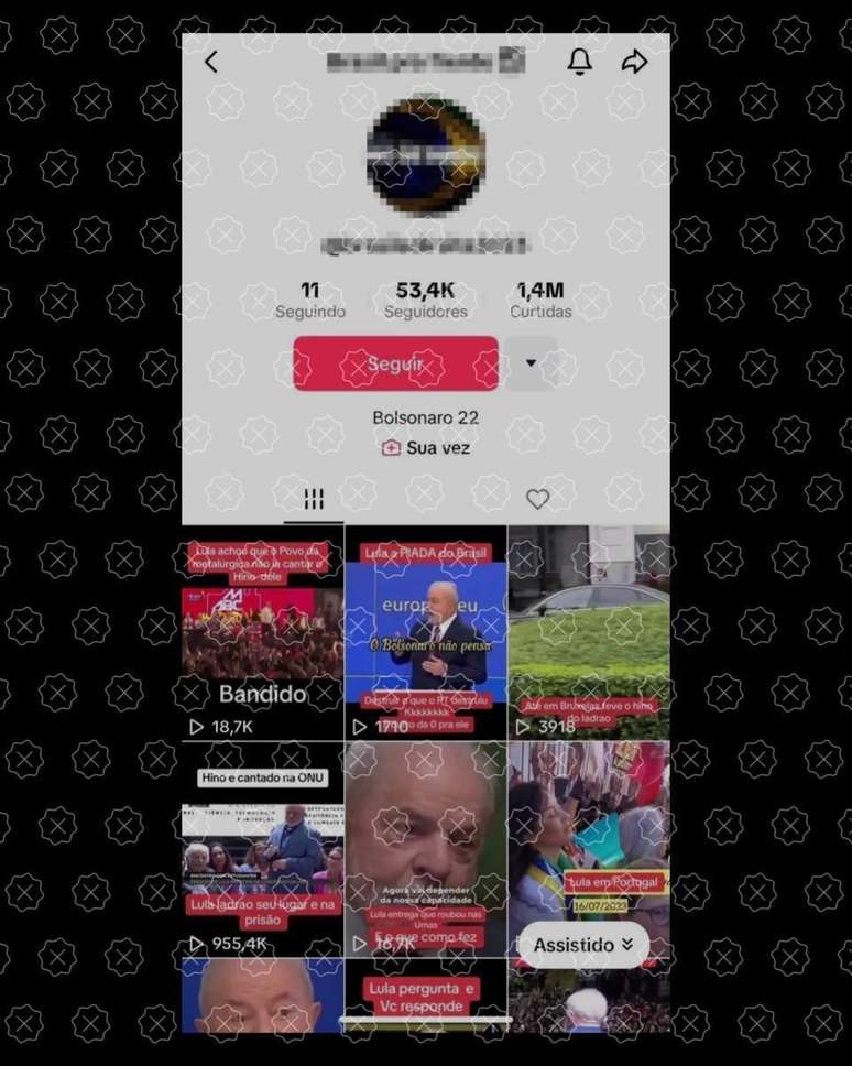 Print de perfil que hospeda dezenas de v&iacute;deos com &aacute;udios manipulados para atacar Lula