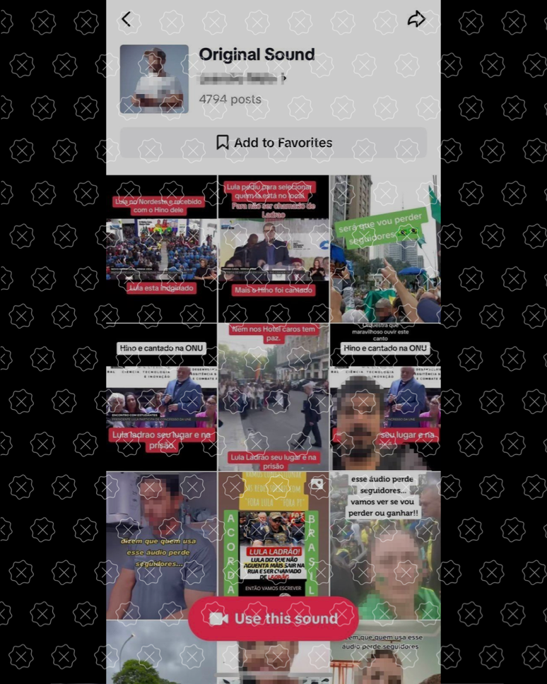Print da p&aacute;gina &aacute;udio original mostra o total de 4.794 posts que usaram o &aacute;udio com vaias e gritos de Lula, ladr&atilde;o. Na parte inferior da tela, bot&atilde;o incentiva usu&aacute;rios a utilizarem o &aacute;udio desinformativo.
