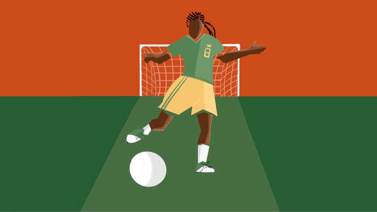 Ilustração mostra jogadora negra de futebol feminino chutando bola.