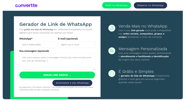 Uma das ferramentas para gerar link do WhatsApp é o Convertte