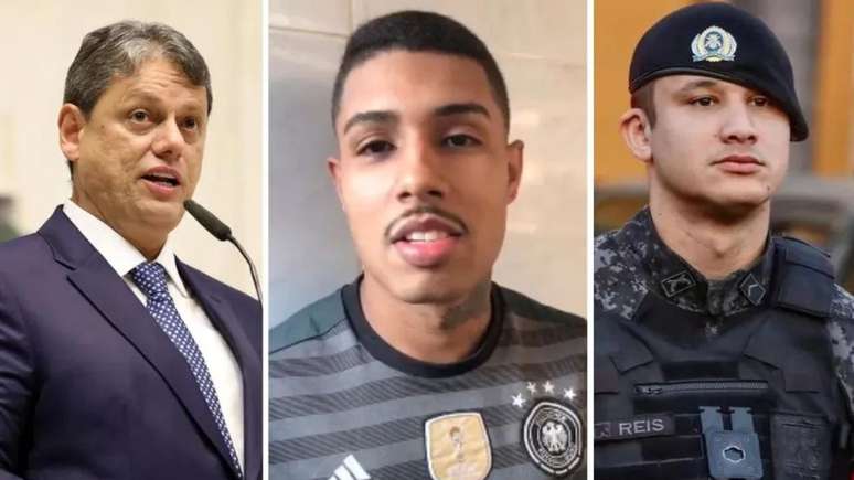 O sniper (ao centro), suspeito de matar o PM da Rota, disse para o governador de São Paulo, Tarcísio de Freitas, parar a mantança de inocentes (Crédito