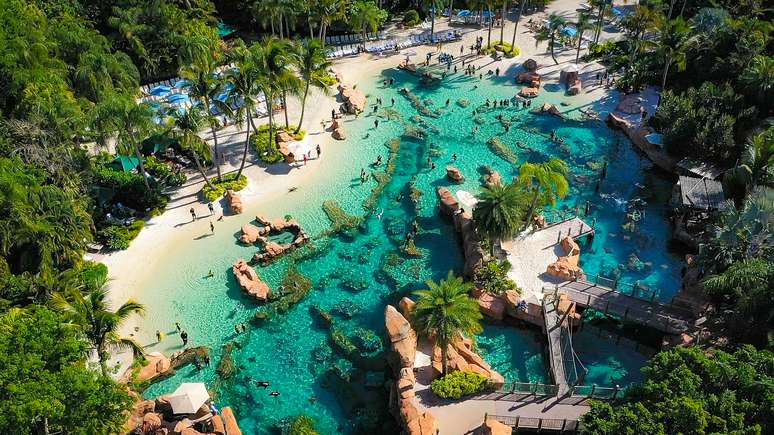 Paraíso artificial: as piscinas do Discovery Cove recriam o ambiente marinho e são habitadas por peixes e raias